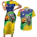 Koala Australia Personalised Couples Matching Short Sleeve Bodycon Dress and Hawaiian Shirt Aussie Map National Color Grunge Pattern