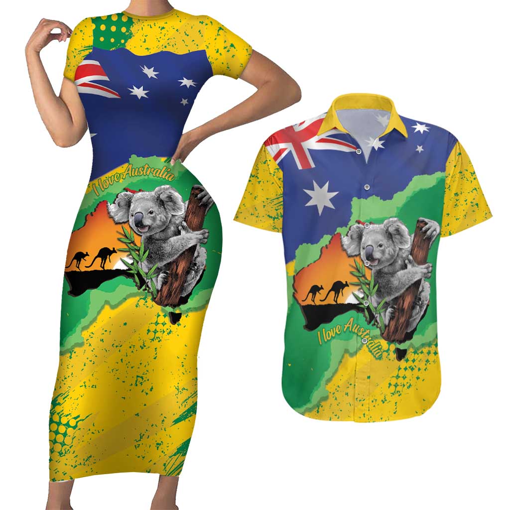 Koala Australia Personalised Couples Matching Short Sleeve Bodycon Dress and Hawaiian Shirt Aussie Map National Color Grunge Pattern