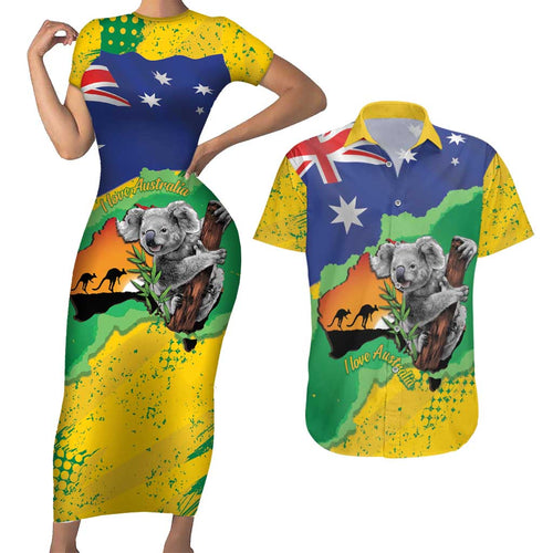 Koala Australia Personalised Couples Matching Short Sleeve Bodycon Dress and Hawaiian Shirt Aussie Map National Color Grunge Pattern