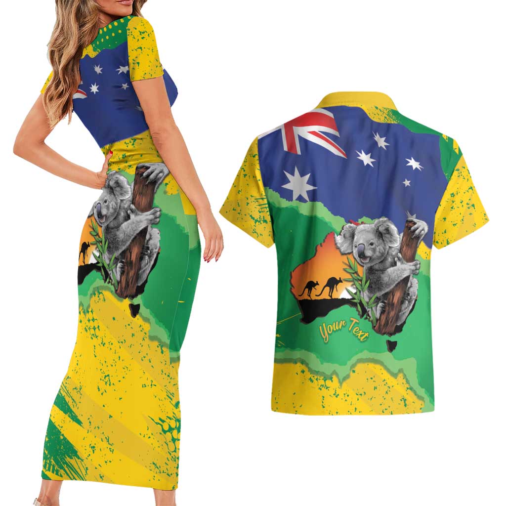 Koala Australia Personalised Couples Matching Short Sleeve Bodycon Dress and Hawaiian Shirt Aussie Map National Color Grunge Pattern