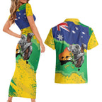 Koala Australia Personalised Couples Matching Short Sleeve Bodycon Dress and Hawaiian Shirt Aussie Map National Color Grunge Pattern