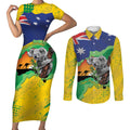 Koala Australia Personalised Couples Matching Short Sleeve Bodycon Dress and Long Sleeve Button Shirt Aussie Map National Color Grunge Pattern