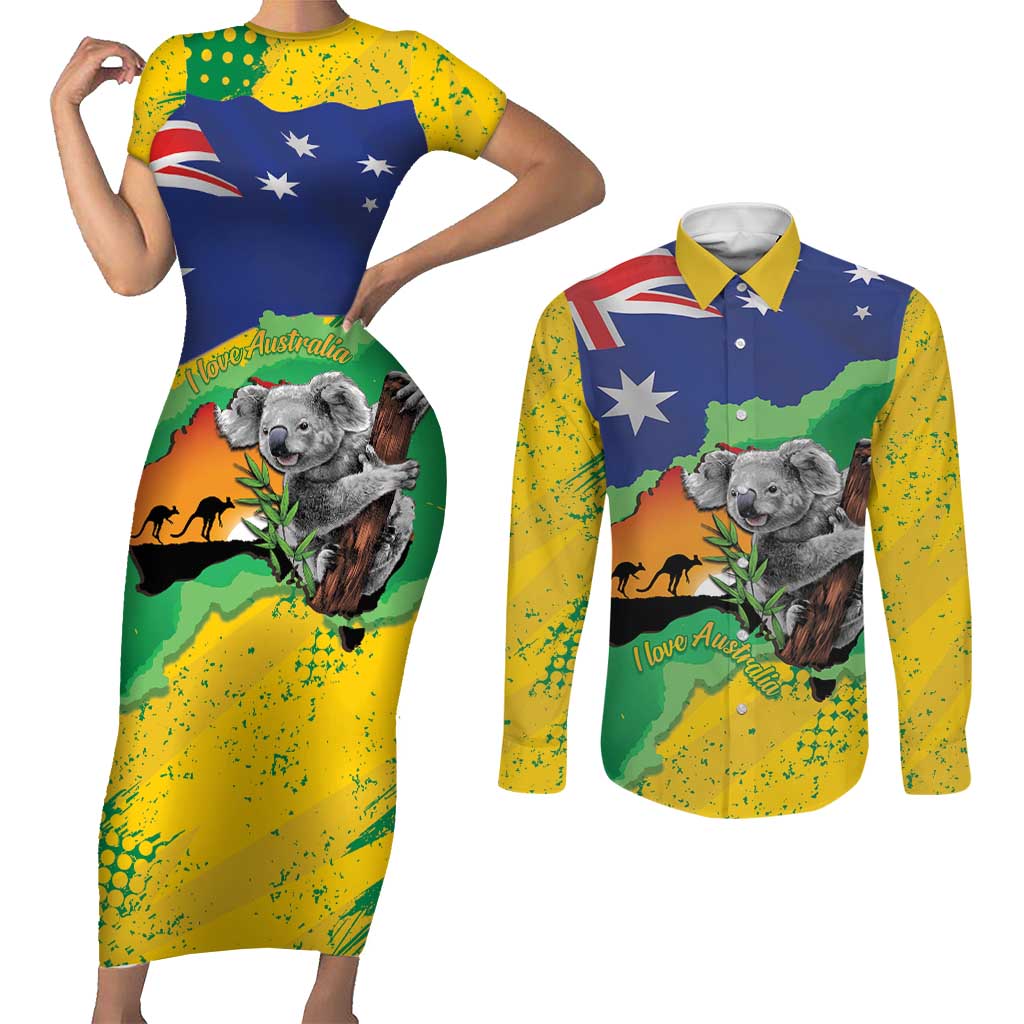 Koala Australia Personalised Couples Matching Short Sleeve Bodycon Dress and Long Sleeve Button Shirt Aussie Map National Color Grunge Pattern