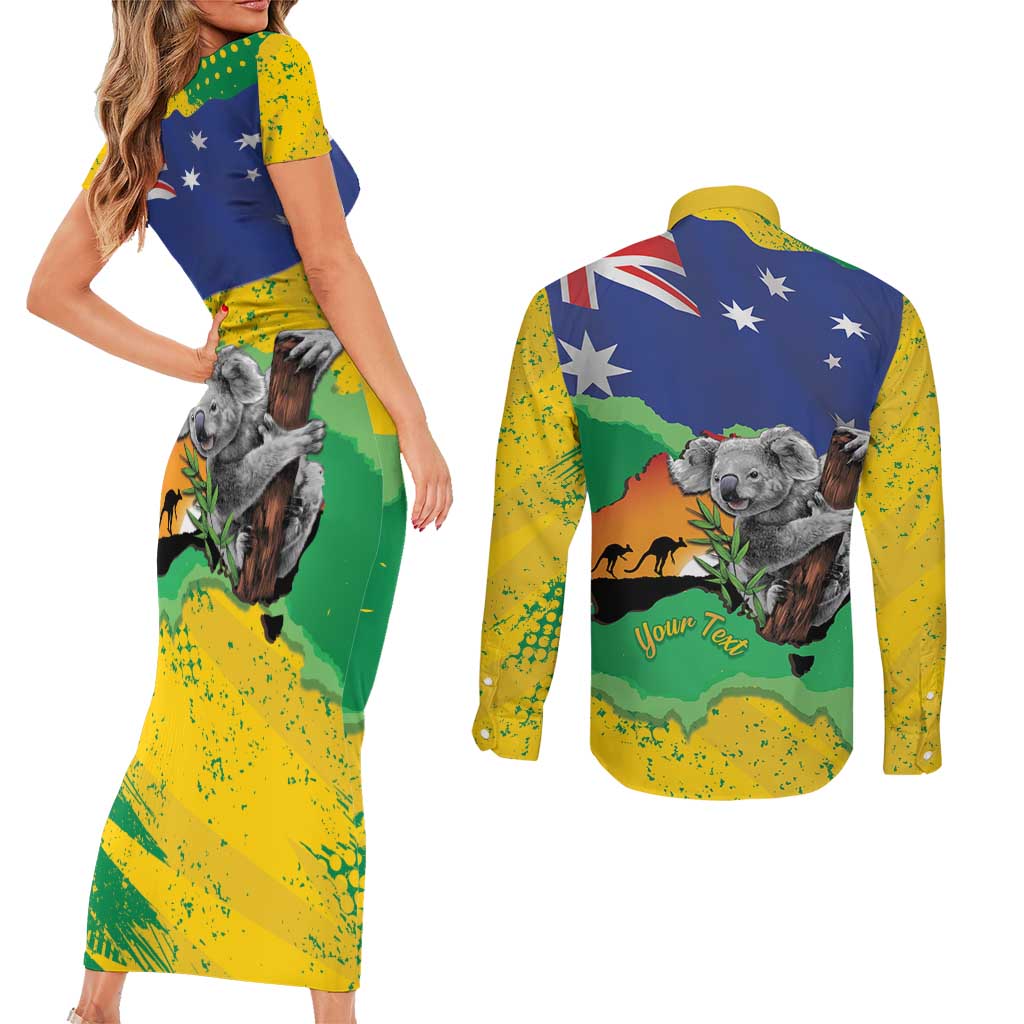 Koala Australia Personalised Couples Matching Short Sleeve Bodycon Dress and Long Sleeve Button Shirt Aussie Map National Color Grunge Pattern