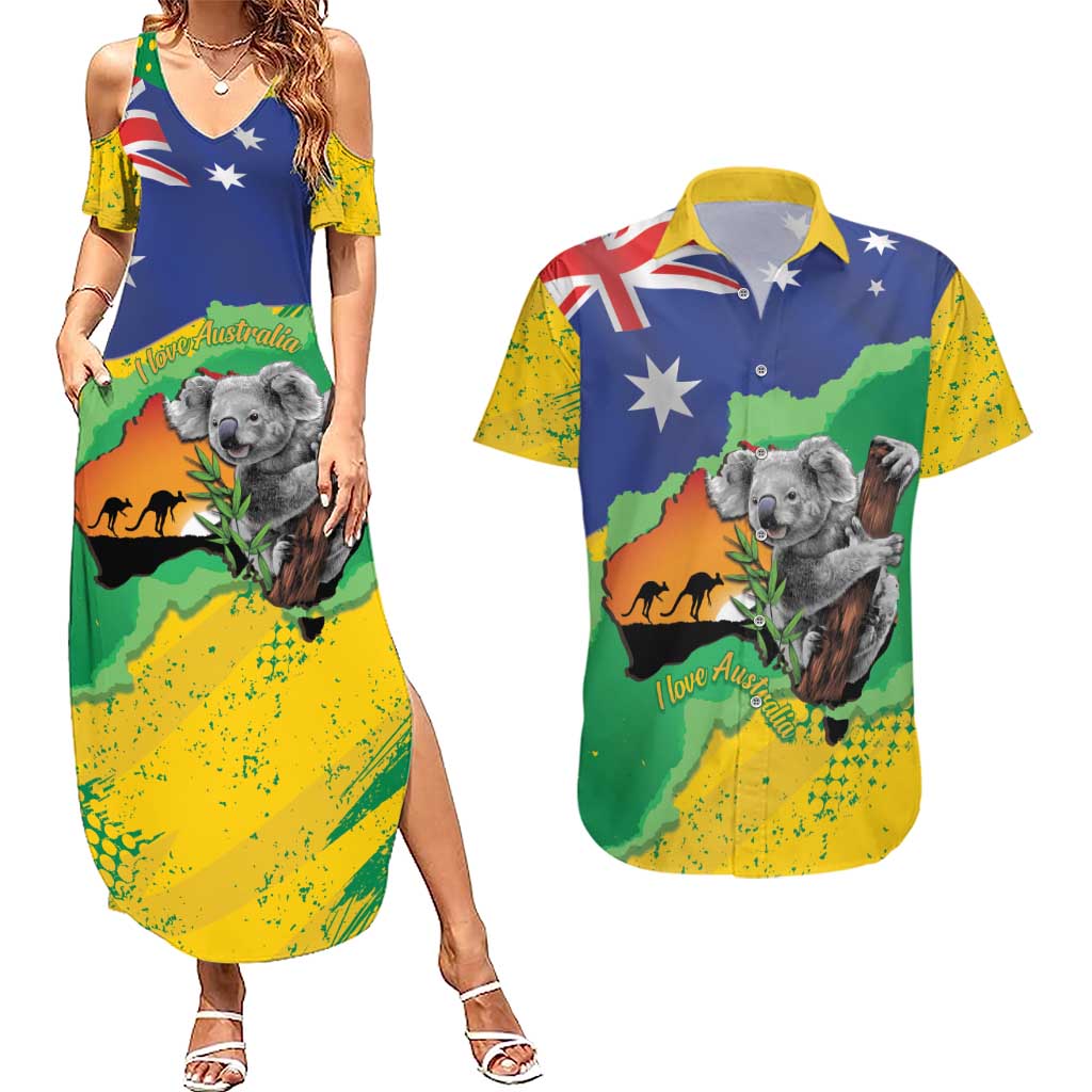 Koala Australia Personalised Couples Matching Summer Maxi Dress and Hawaiian Shirt Aussie Map National Color Grunge Pattern