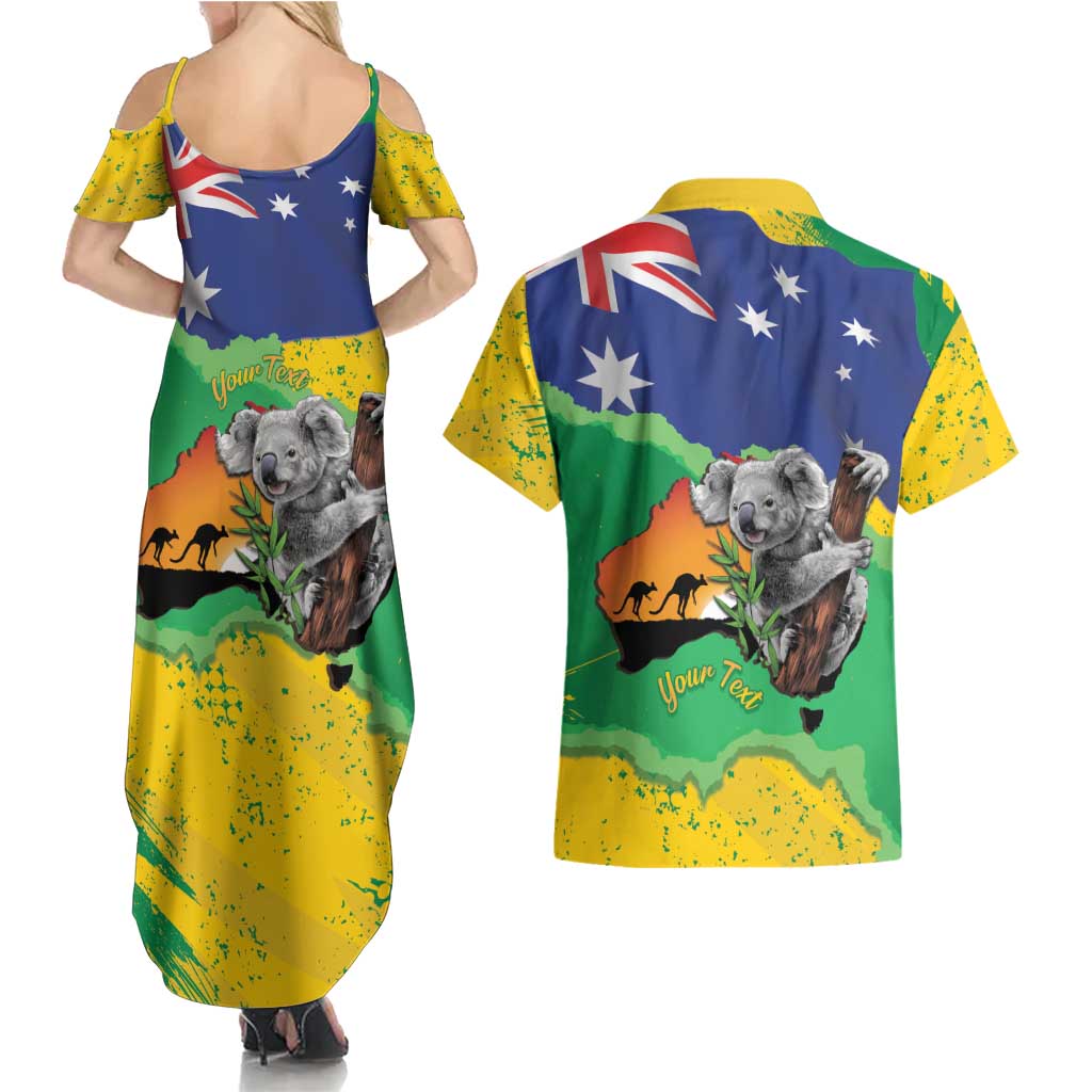 Koala Australia Personalised Couples Matching Summer Maxi Dress and Hawaiian Shirt Aussie Map National Color Grunge Pattern
