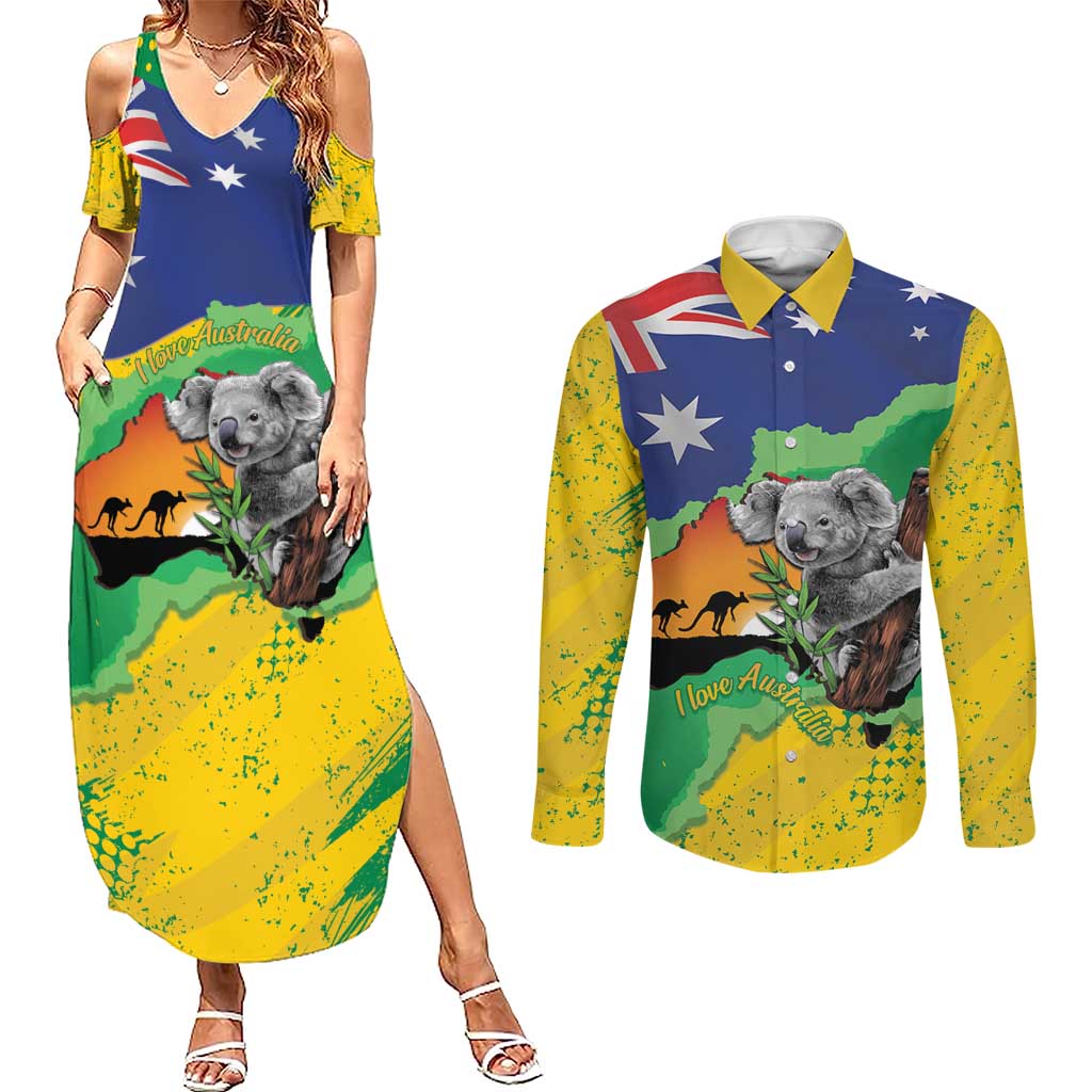 Koala Australia Personalised Couples Matching Summer Maxi Dress and Long Sleeve Button Shirt Aussie Map National Color Grunge Pattern