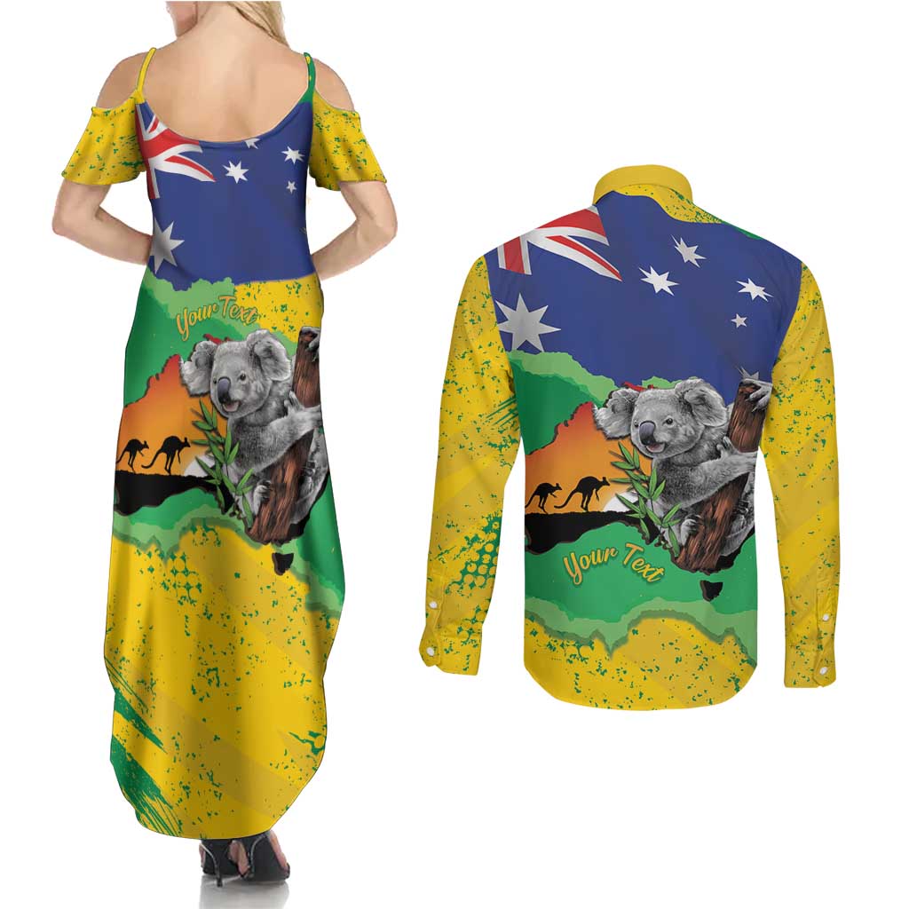 Koala Australia Personalised Couples Matching Summer Maxi Dress and Long Sleeve Button Shirt Aussie Map National Color Grunge Pattern