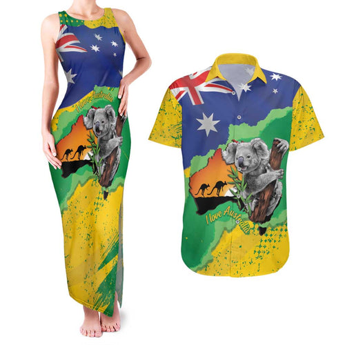Koala Australia Personalised Couples Matching Tank Maxi Dress and Hawaiian Shirt Aussie Map National Color Grunge Pattern
