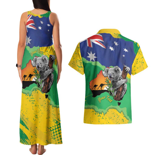 Koala Australia Personalised Couples Matching Tank Maxi Dress and Hawaiian Shirt Aussie Map National Color Grunge Pattern