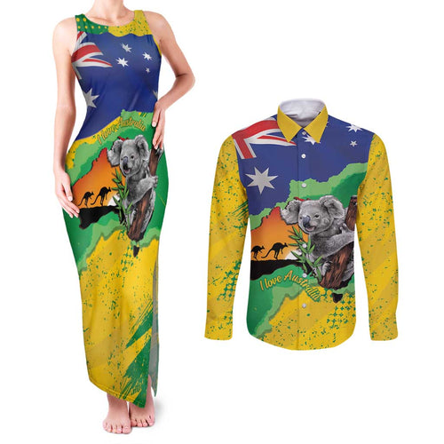 Koala Australia Personalised Couples Matching Tank Maxi Dress and Long Sleeve Button Shirt Aussie Map National Color Grunge Pattern