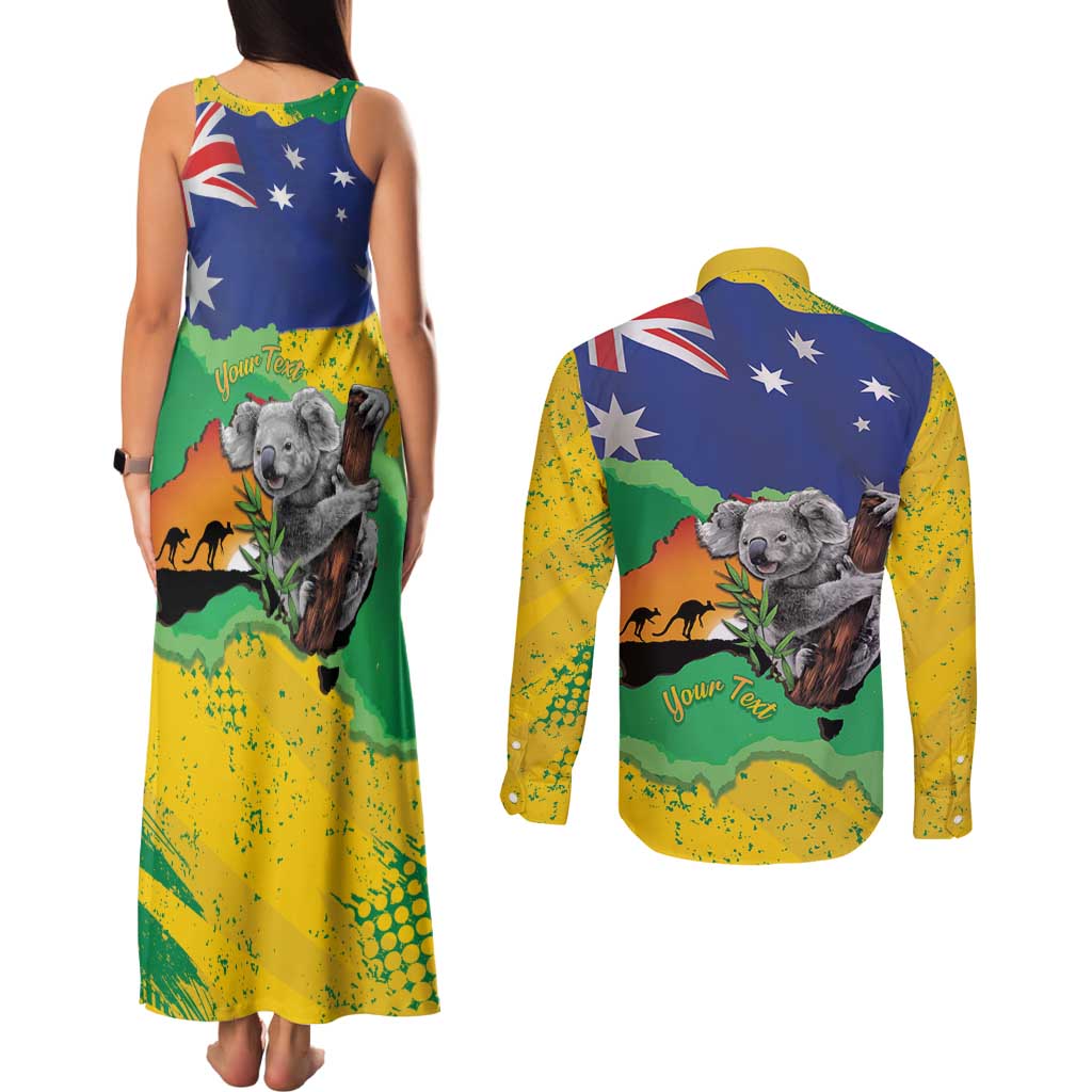 Koala Australia Personalised Couples Matching Tank Maxi Dress and Long Sleeve Button Shirt Aussie Map National Color Grunge Pattern
