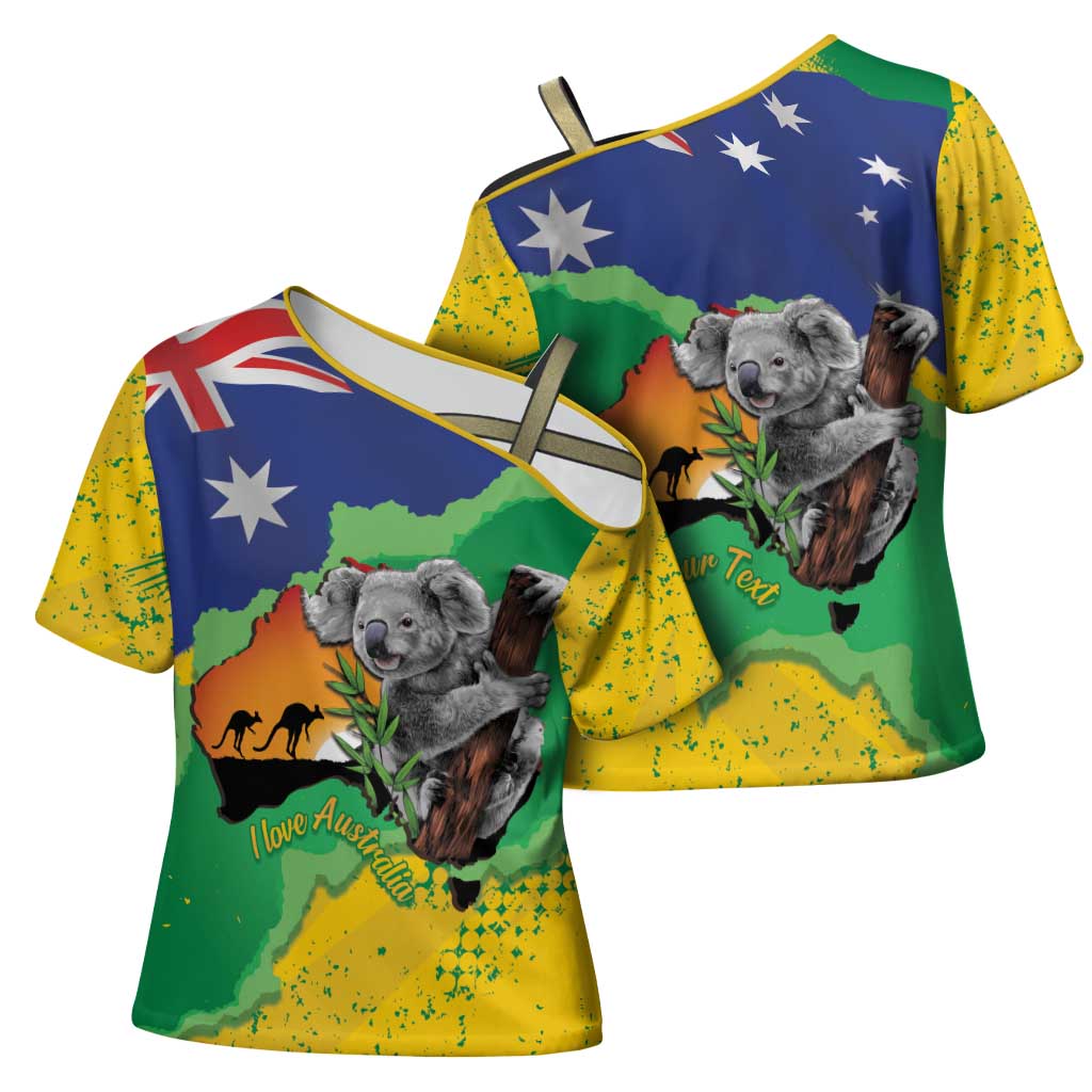 Koala Australia Personalised Cross Shoulder Shirt Aussie Map National Color Grunge Pattern