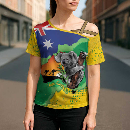 Koala Australia Personalised Cross Shoulder Shirt Aussie Map National Color Grunge Pattern