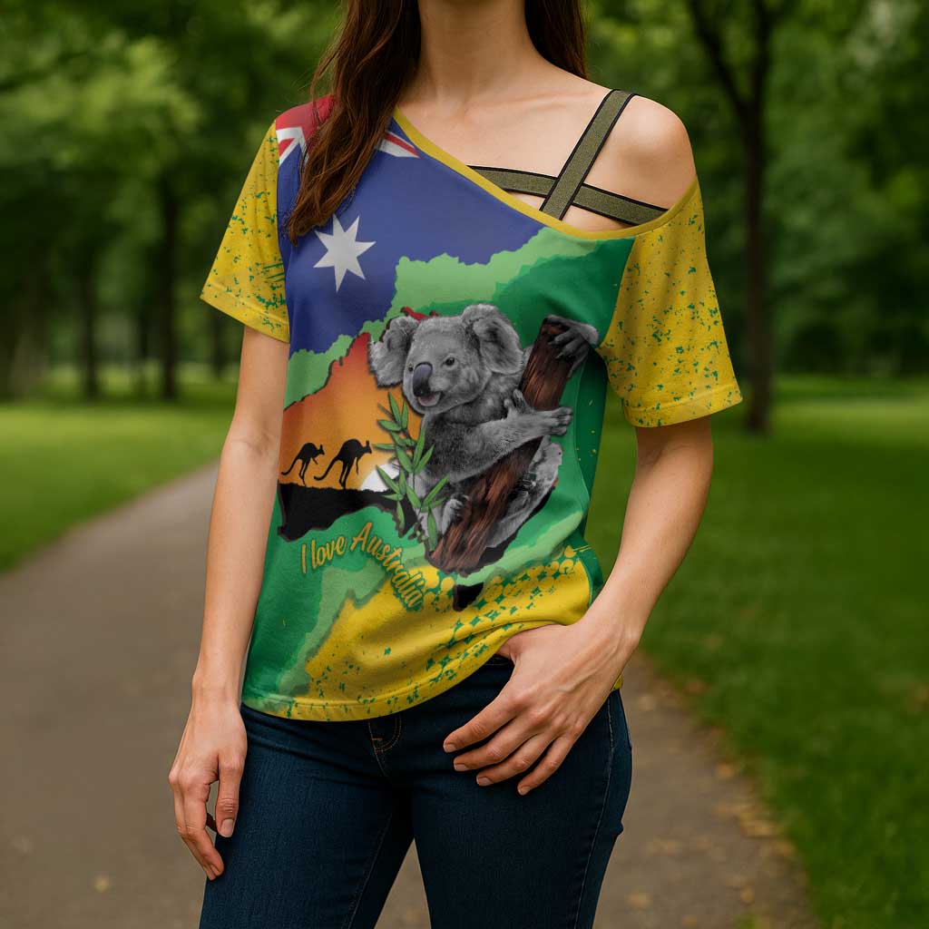 Koala Australia Personalised Cross Shoulder Shirt Aussie Map National Color Grunge Pattern