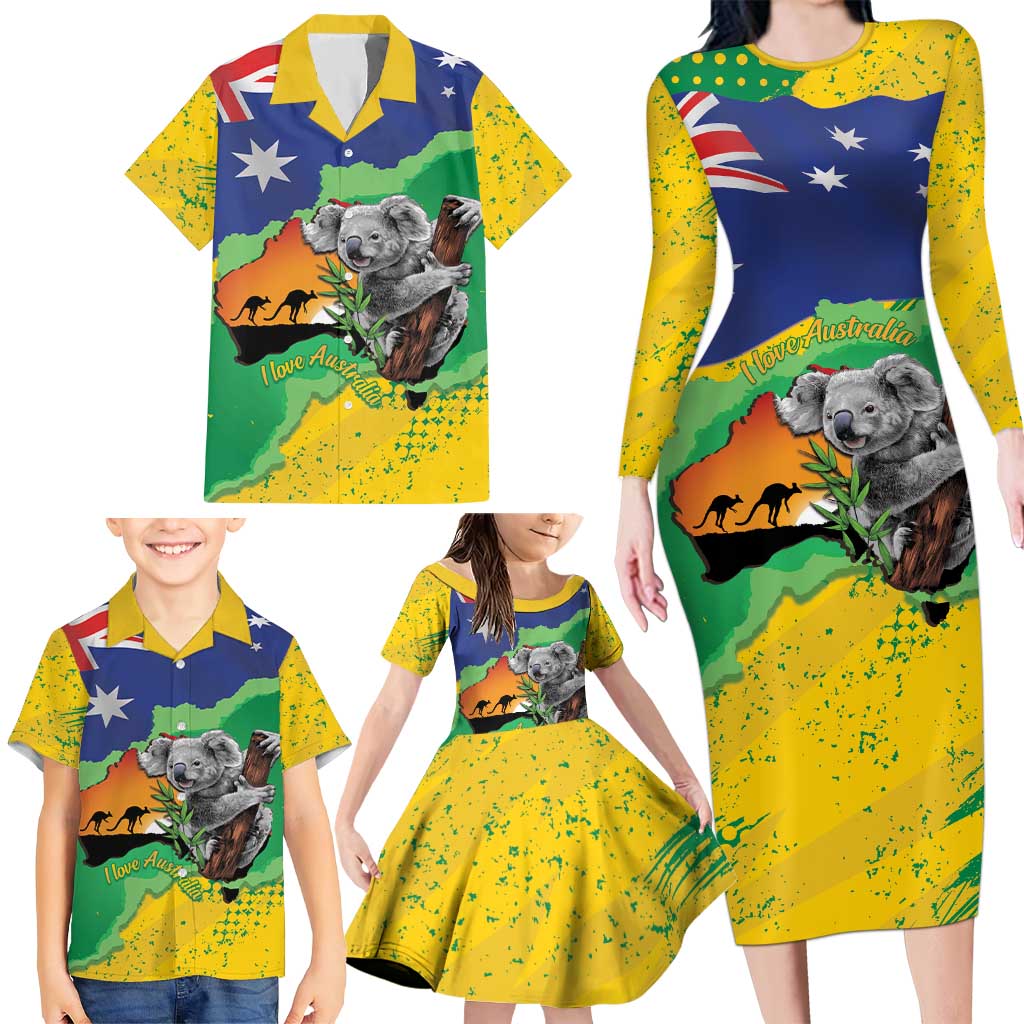 Koala Australia Personalised Family Matching Long Sleeve Bodycon Dress and Hawaiian Shirt Aussie Map National Color Grunge Pattern