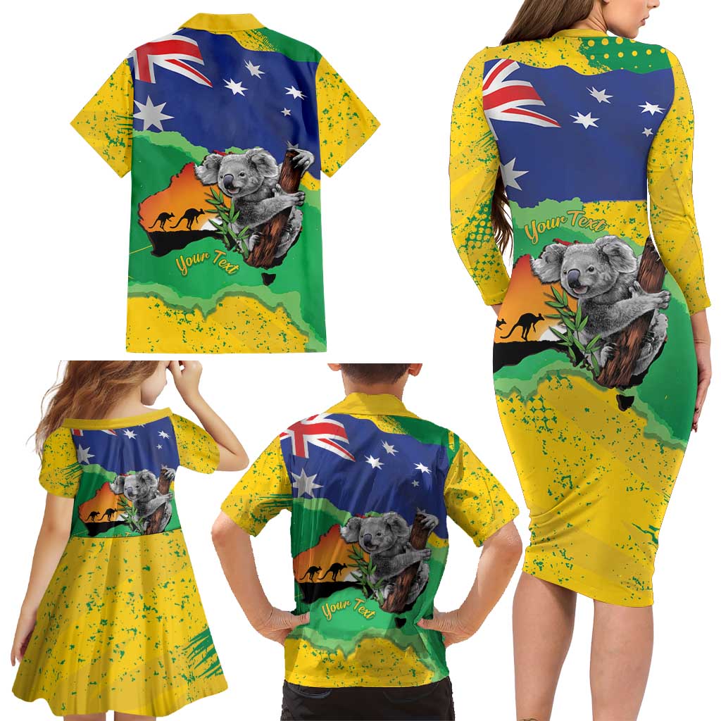 Koala Australia Personalised Family Matching Long Sleeve Bodycon Dress and Hawaiian Shirt Aussie Map National Color Grunge Pattern