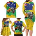 Koala Australia Personalised Family Matching Long Sleeve Bodycon Dress and Hawaiian Shirt Aussie Map National Color Grunge Pattern