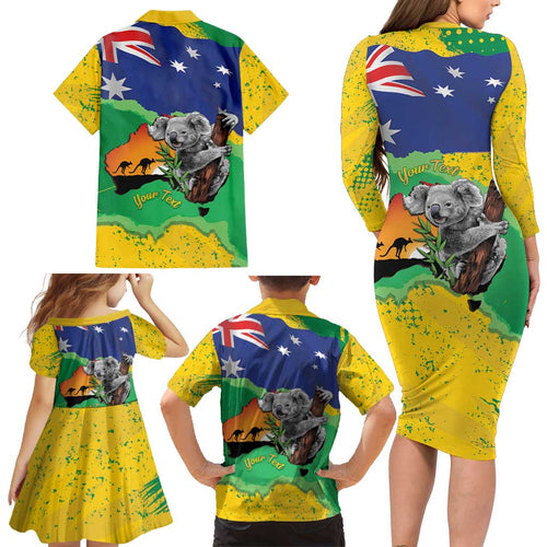 Koala Australia Personalised Family Matching Long Sleeve Bodycon Dress and Hawaiian Shirt Aussie Map National Color Grunge Pattern