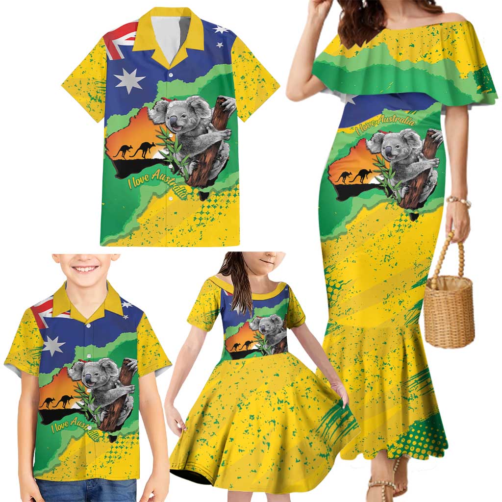 Koala Australia Personalised Family Matching Mermaid Dress and Hawaiian Shirt Aussie Map National Color Grunge Pattern