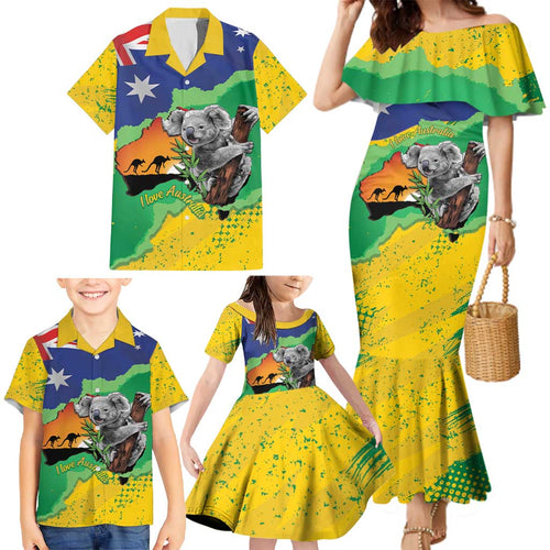 Koala Australia Personalised Family Matching Mermaid Dress and Hawaiian Shirt Aussie Map National Color Grunge Pattern