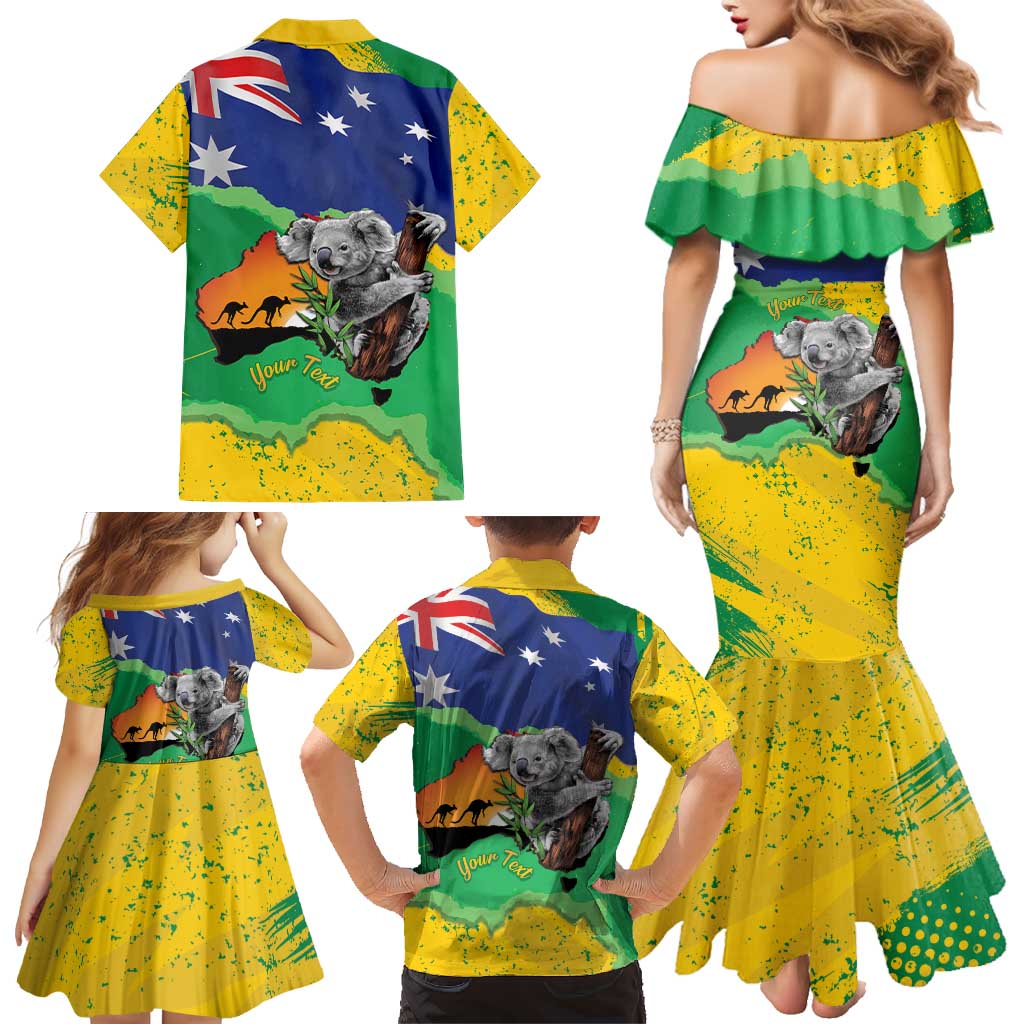 Koala Australia Personalised Family Matching Mermaid Dress and Hawaiian Shirt Aussie Map National Color Grunge Pattern