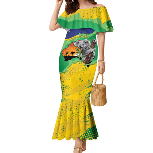 Koala Australia Personalised Family Matching Mermaid Dress and Hawaiian Shirt Aussie Map National Color Grunge Pattern