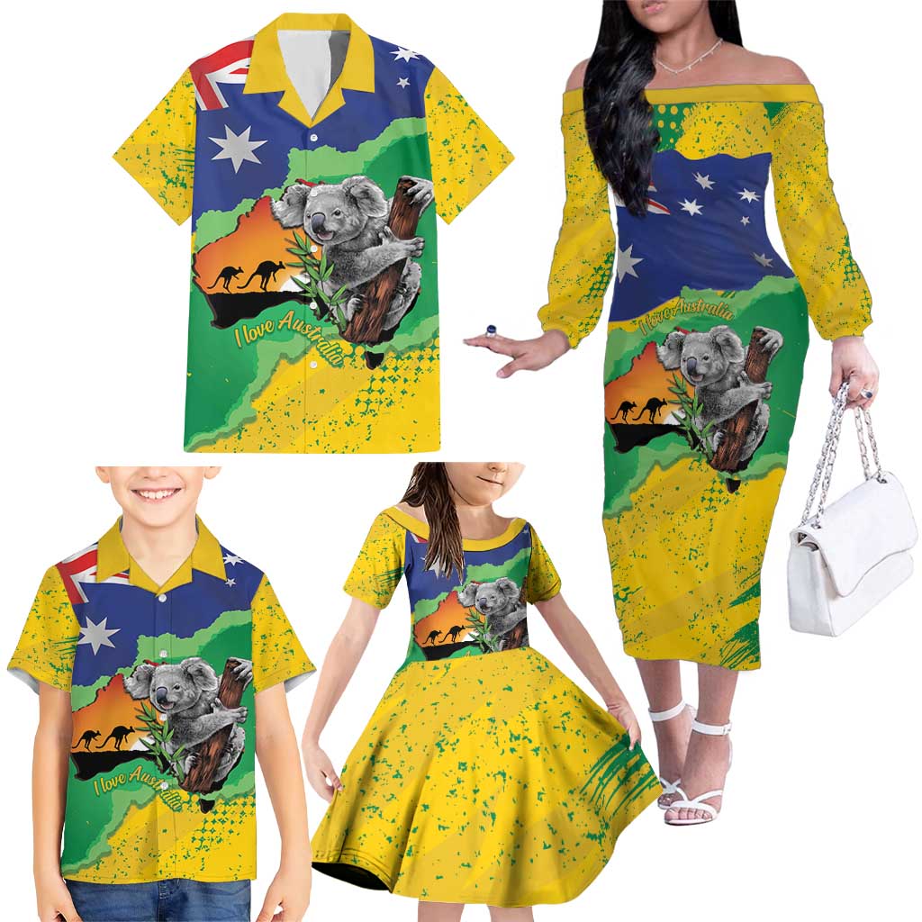Koala Australia Personalised Family Matching Off The Shoulder Long Sleeve Dress and Hawaiian Shirt Aussie Map National Color Grunge Pattern