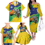 Koala Australia Personalised Family Matching Off The Shoulder Long Sleeve Dress and Hawaiian Shirt Aussie Map National Color Grunge Pattern