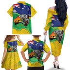 Koala Australia Personalised Family Matching Off The Shoulder Long Sleeve Dress and Hawaiian Shirt Aussie Map National Color Grunge Pattern