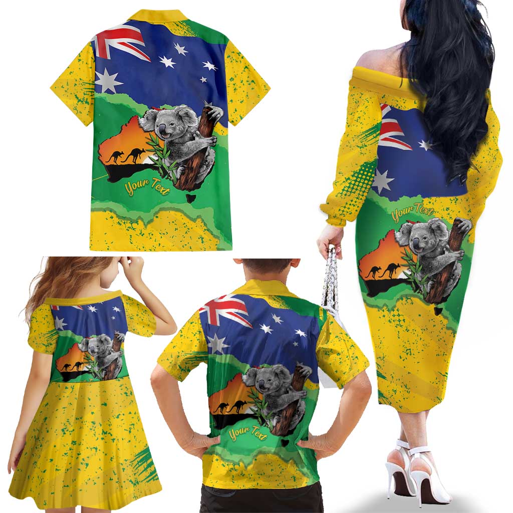 Koala Australia Personalised Family Matching Off The Shoulder Long Sleeve Dress and Hawaiian Shirt Aussie Map National Color Grunge Pattern