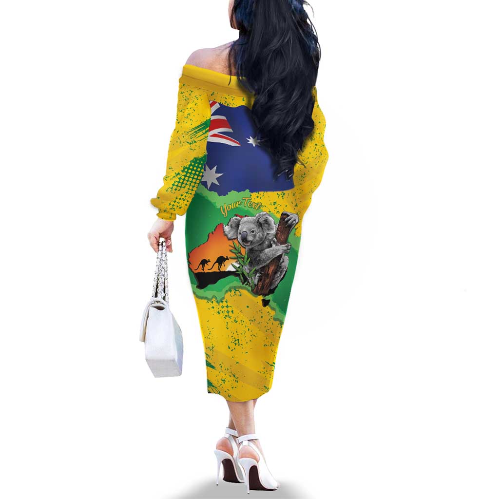 Koala Australia Personalised Family Matching Off The Shoulder Long Sleeve Dress and Hawaiian Shirt Aussie Map National Color Grunge Pattern