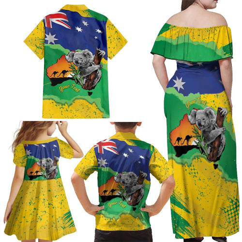Koala Australia Personalised Family Matching Off Shoulder Maxi Dress and Hawaiian Shirt Aussie Map National Color Grunge Pattern