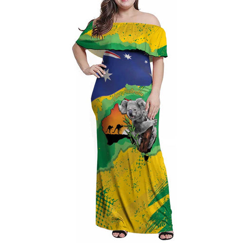 Koala Australia Personalised Family Matching Off Shoulder Maxi Dress and Hawaiian Shirt Aussie Map National Color Grunge Pattern