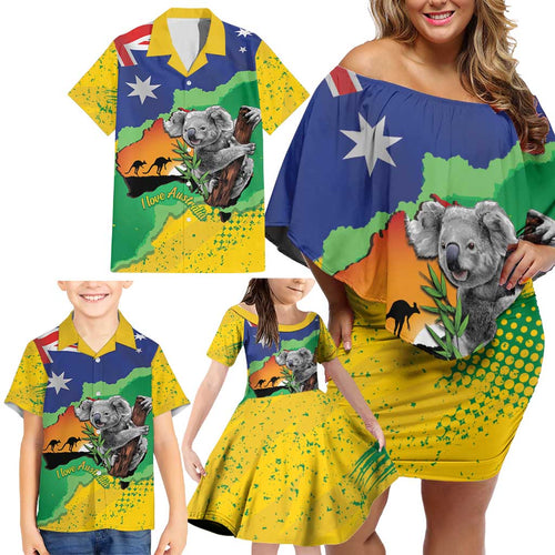 Koala Australia Personalised Family Matching Off Shoulder Short Dress and Hawaiian Shirt Aussie Map National Color Grunge Pattern