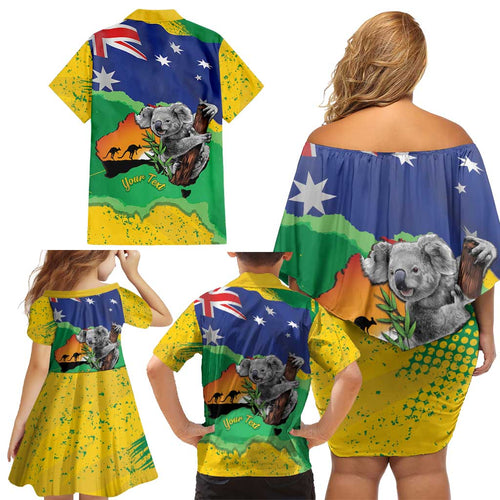 Koala Australia Personalised Family Matching Off Shoulder Short Dress and Hawaiian Shirt Aussie Map National Color Grunge Pattern