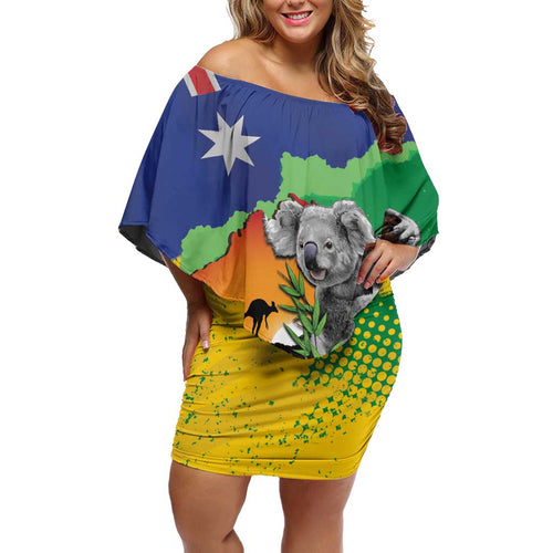 Koala Australia Personalised Family Matching Off Shoulder Short Dress and Hawaiian Shirt Aussie Map National Color Grunge Pattern