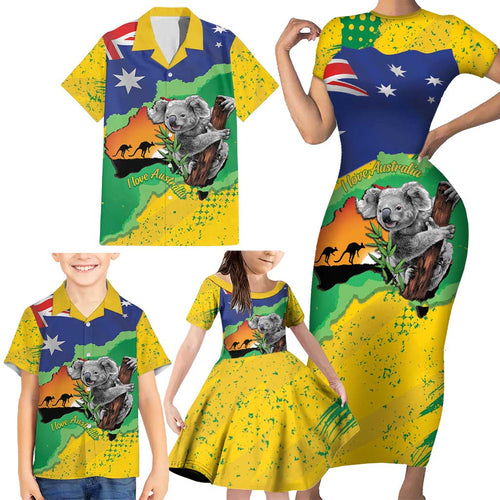 Koala Australia Personalised Family Matching Short Sleeve Bodycon Dress and Hawaiian Shirt Aussie Map National Color Grunge Pattern