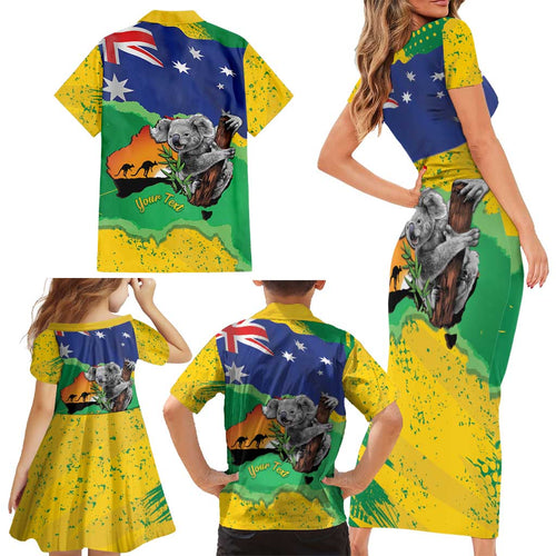 Koala Australia Personalised Family Matching Short Sleeve Bodycon Dress and Hawaiian Shirt Aussie Map National Color Grunge Pattern