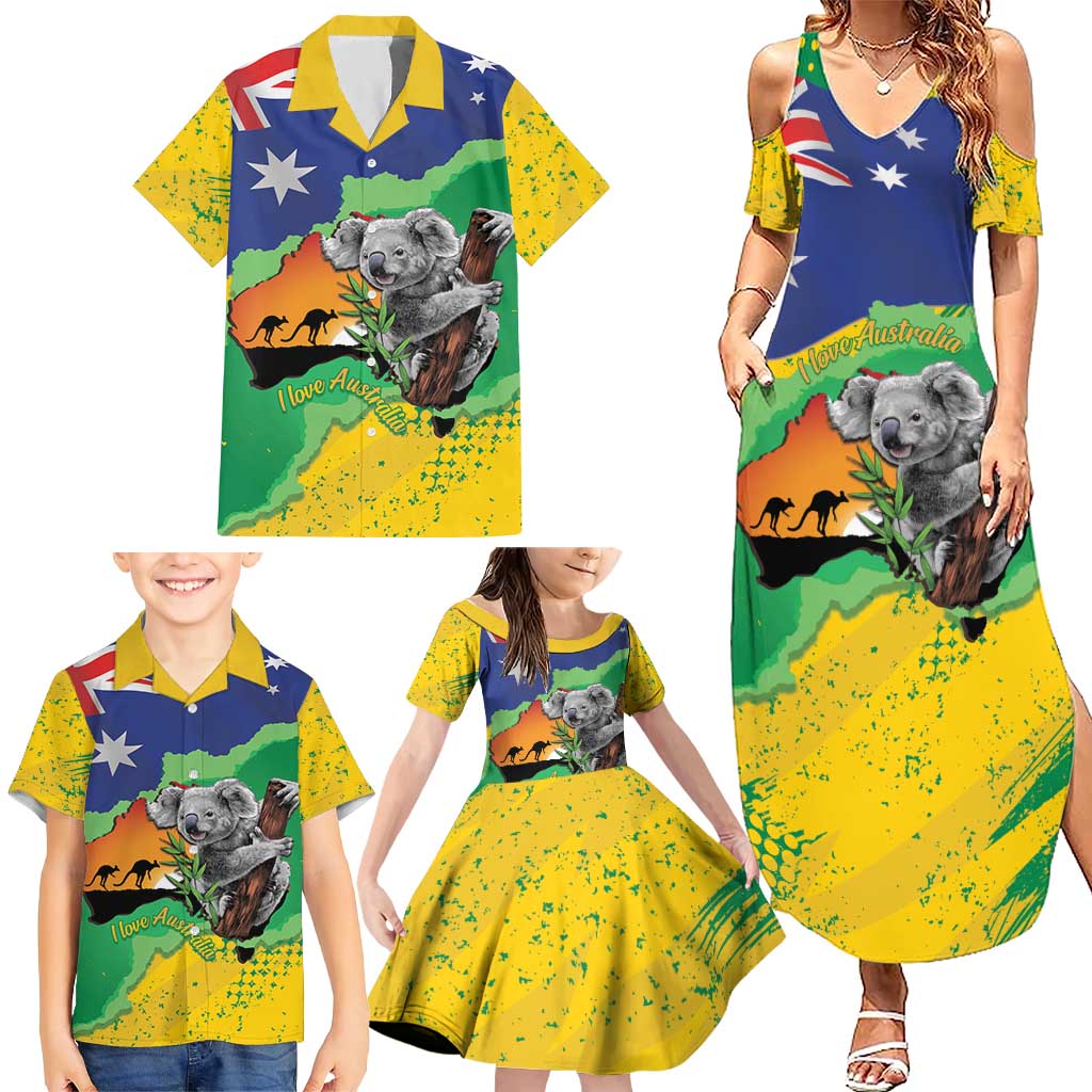 Koala Australia Personalised Family Matching Summer Maxi Dress and Hawaiian Shirt Aussie Map National Color Grunge Pattern