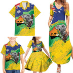 Koala Australia Personalised Family Matching Summer Maxi Dress and Hawaiian Shirt Aussie Map National Color Grunge Pattern