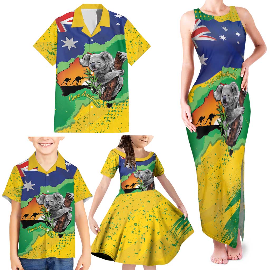 Koala Australia Personalised Family Matching Tank Maxi Dress and Hawaiian Shirt Aussie Map National Color Grunge Pattern