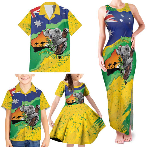 Koala Australia Personalised Family Matching Tank Maxi Dress and Hawaiian Shirt Aussie Map National Color Grunge Pattern