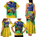 Koala Australia Personalised Family Matching Tank Maxi Dress and Hawaiian Shirt Aussie Map National Color Grunge Pattern