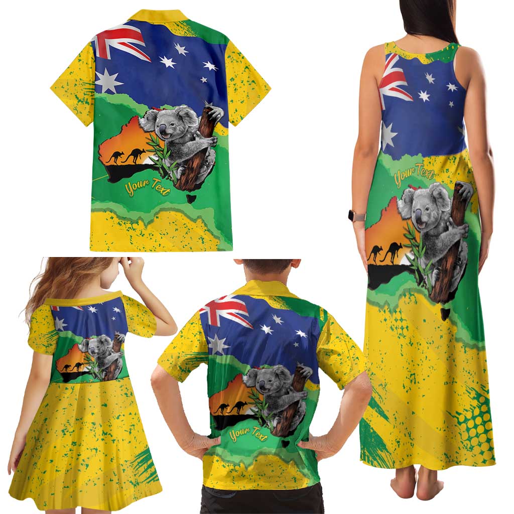Koala Australia Personalised Family Matching Tank Maxi Dress and Hawaiian Shirt Aussie Map National Color Grunge Pattern