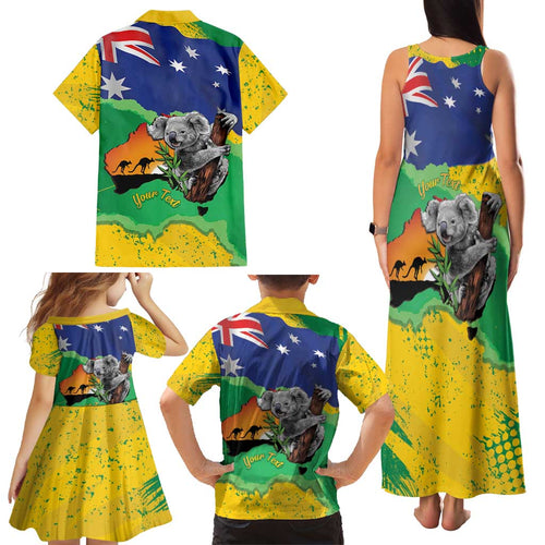 Koala Australia Personalised Family Matching Tank Maxi Dress and Hawaiian Shirt Aussie Map National Color Grunge Pattern