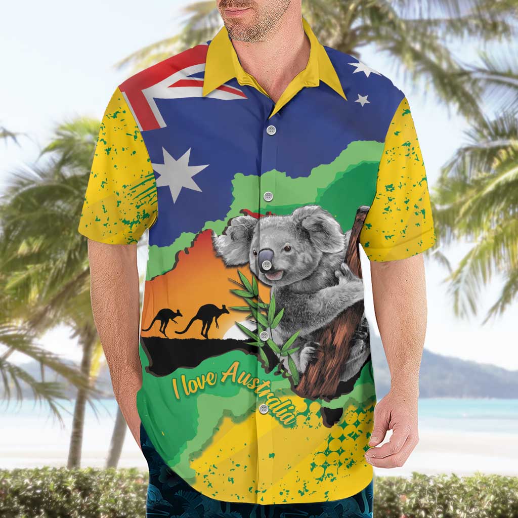 Koala Australia Personalised Hawaiian Shirt Aussie Map National Color Grunge Pattern