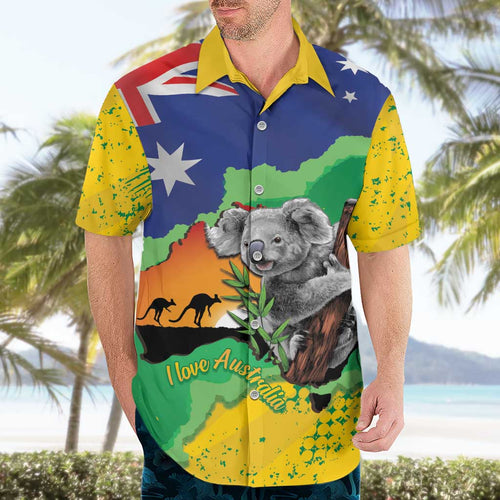 Koala Australia Personalised Hawaiian Shirt Aussie Map National Color Grunge Pattern