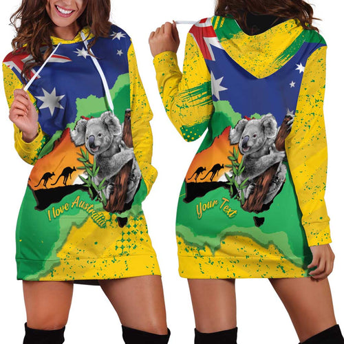 Koala Australia Personalised Hoodie Dress Aussie Map National Color Grunge Pattern