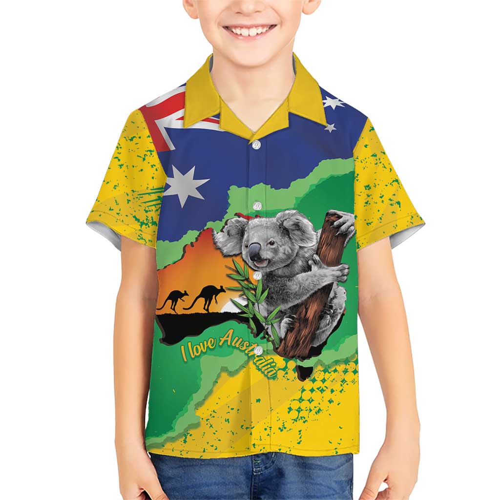 Koala Australia Personalised Kid Hawaiian Shirt Aussie Map National Color Grunge Pattern